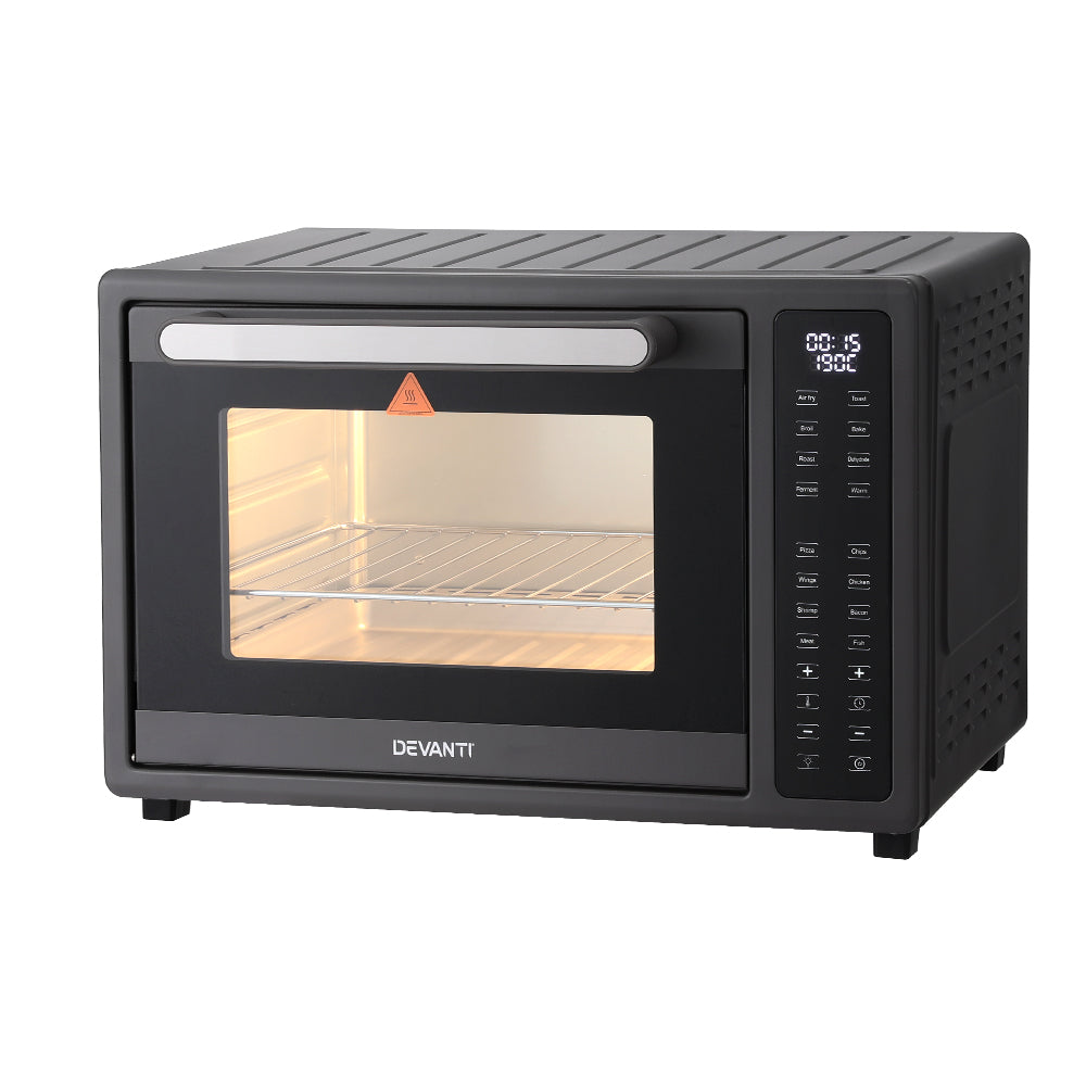 Black Devanti oven with digital display on a white background