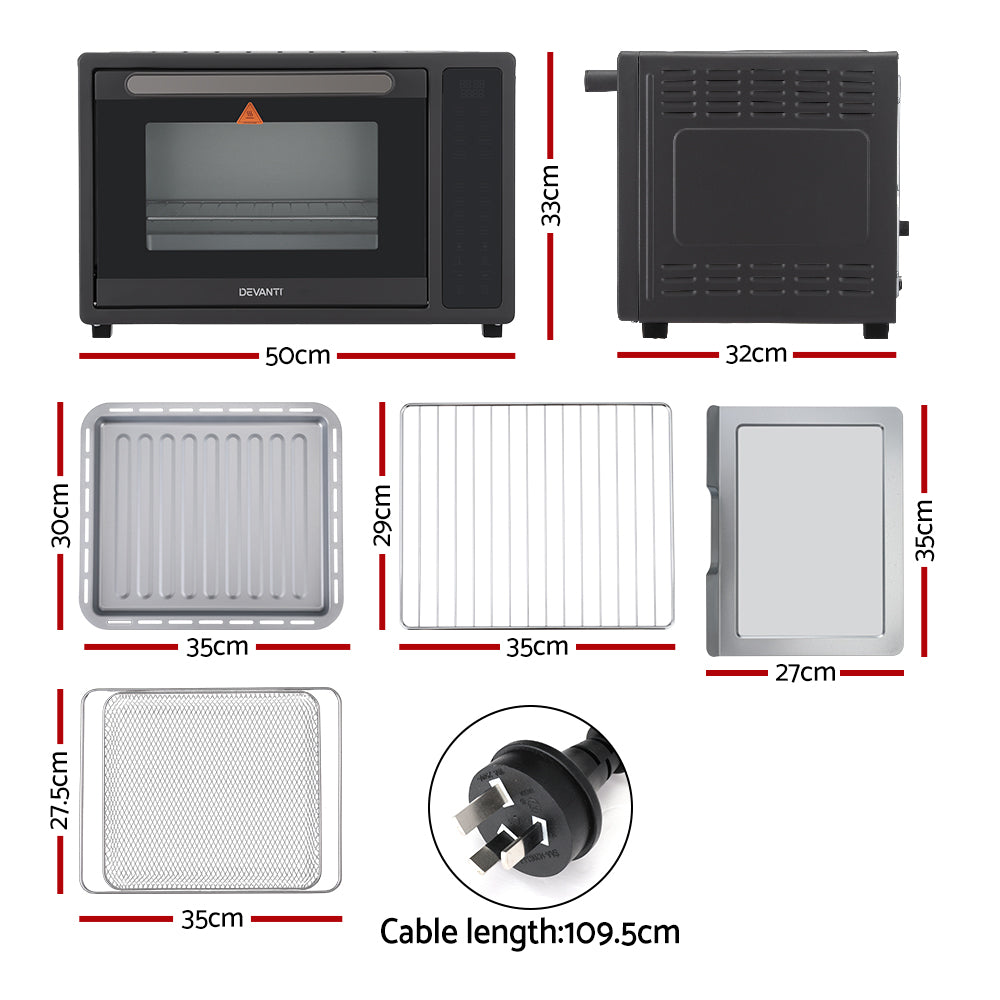 Deventer toaster oven with dimensions and parts displayed