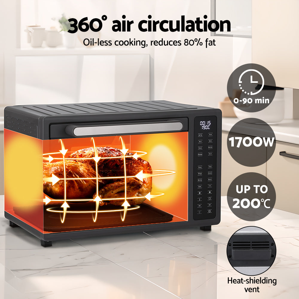 Modern toaster oven with 360-degree air circulation features on a kitchen background