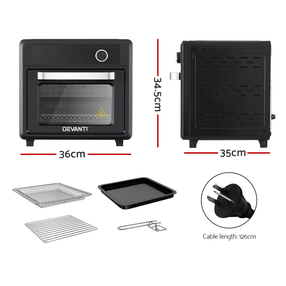 Devanti toaster oven with dimensions, accessories, and plug details on a white background