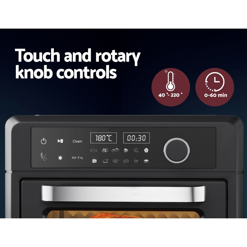 Oven control panel with digital display and rotary knob on a black background