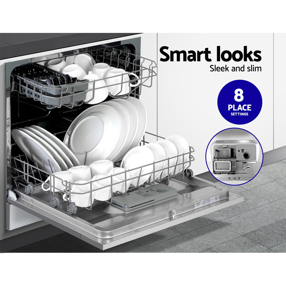 Dishwasher with open door showing dish racks and dishes, with text 'Smart looks' and 'Sleek and slim' on a white background.