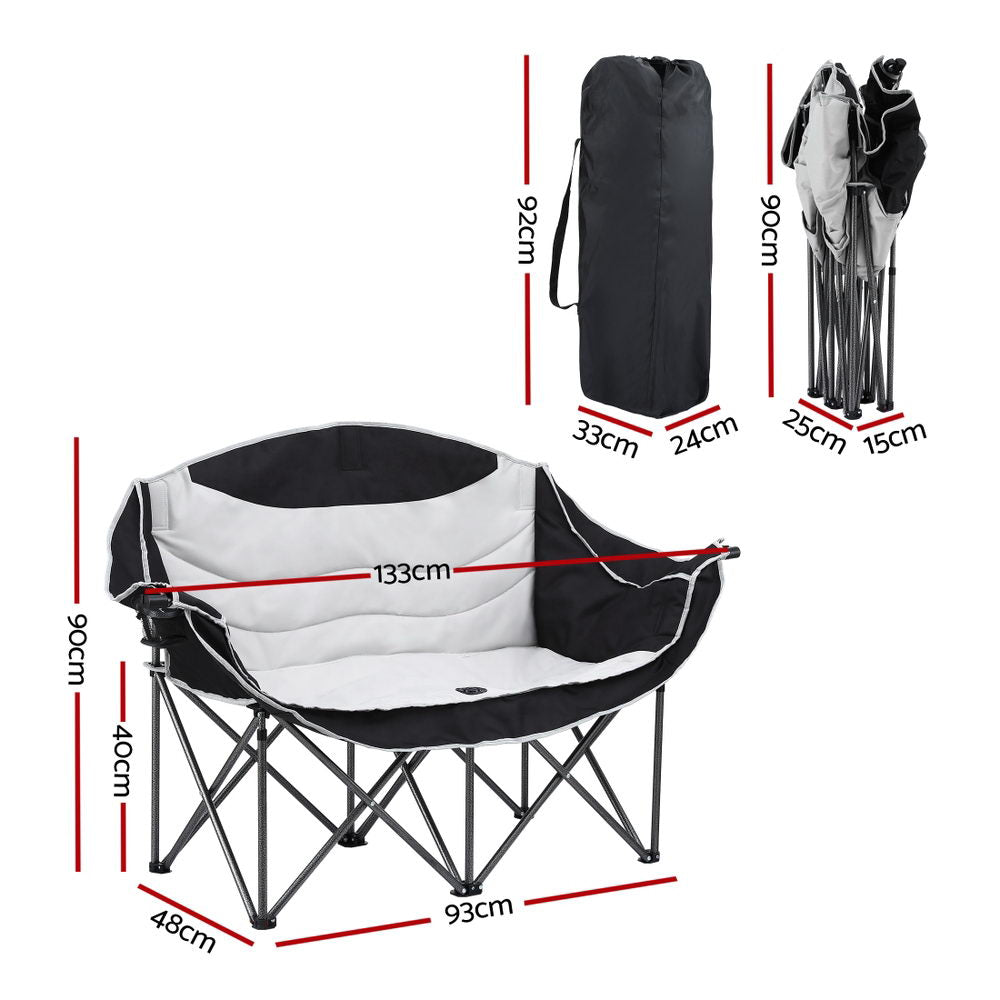 Folding moon-shaped chair with dimensions and carrying bag on a white background
