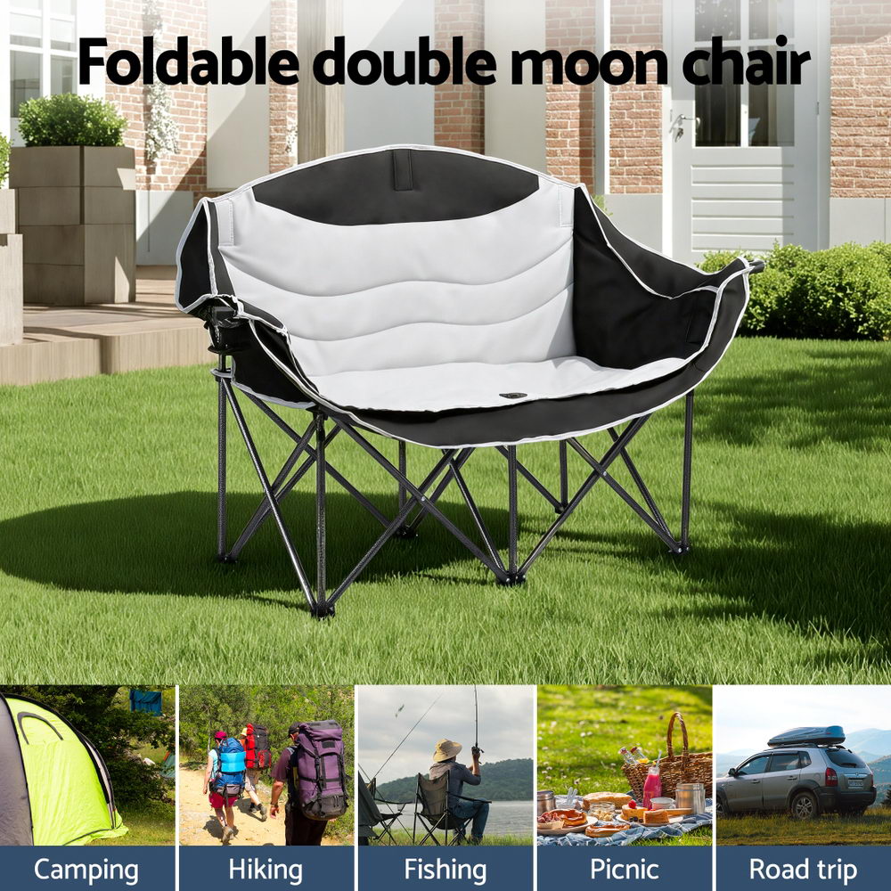 Foldable double moon chair on grass with lifestyle images at the bottom
