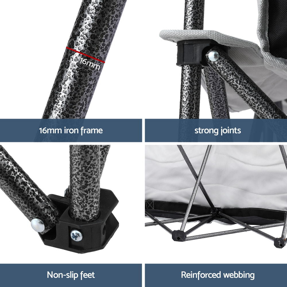 Close-up of a camping chair with highlighted features like 16mm iron frame, strong joints, non-slip feet, and reinforced webbing.