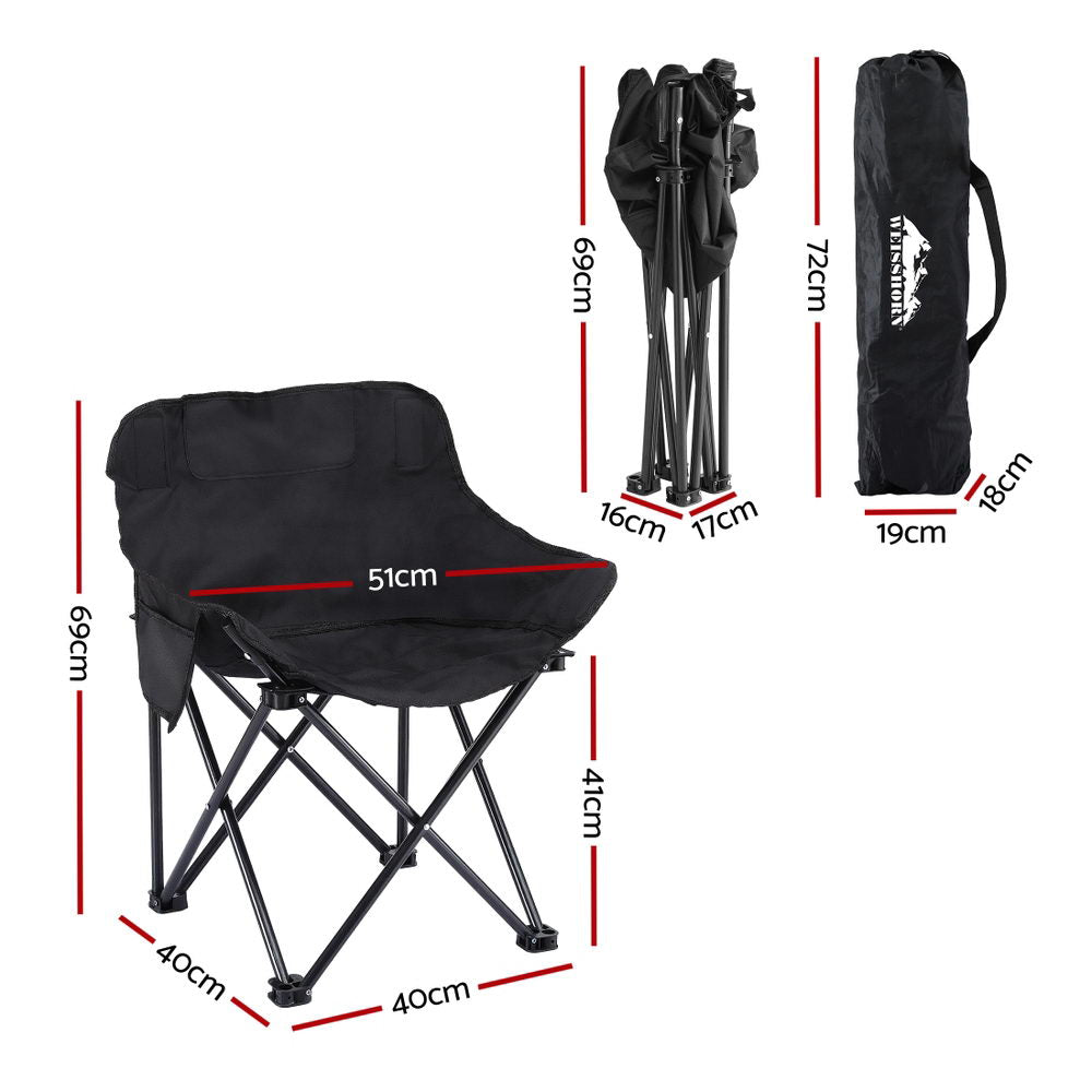 Black camping chair with dimensions, legs, and carrying bag displayed.