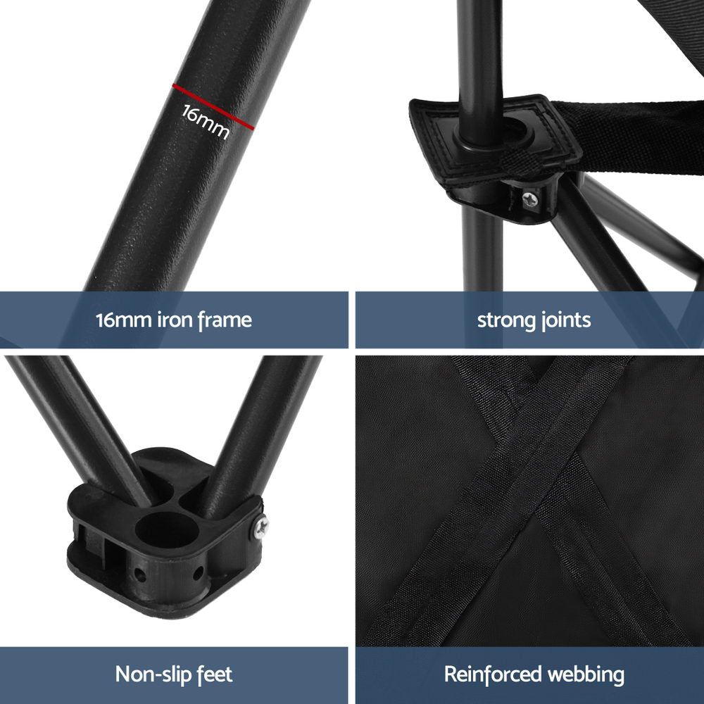 Close-up of a black chair frame with text highlighting features like '16mm iron frame', 'strong joints', 'non-slip feet', and 'reinforced webbing'.