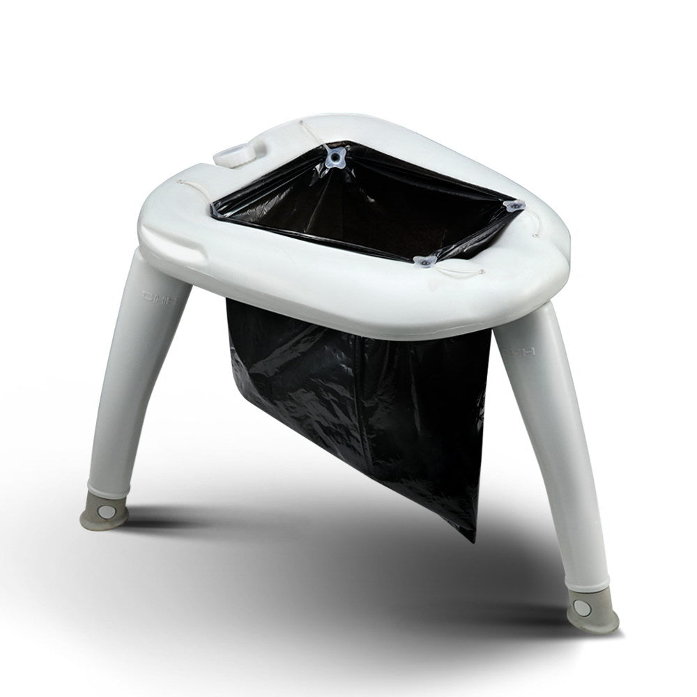 White plastic stool with a black trash bag inside on a white background