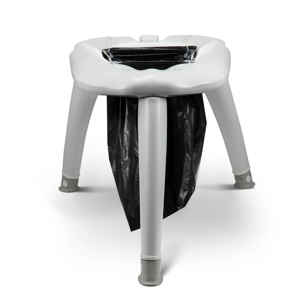 White stool with a black plastic bag inside on a white background