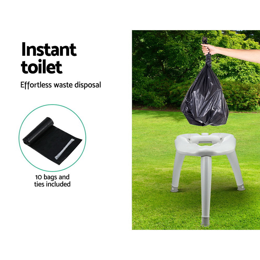 Portable toilet with black bag and text on a white background