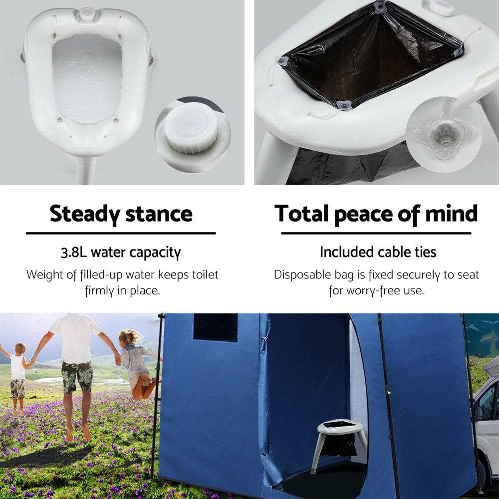 Portable toilet with water capacity and peace of mind features, shown with a family and vehicle in the background.