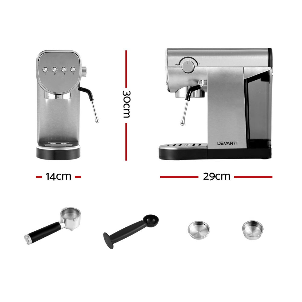 Measurement chart of a coffee machine and accessories on a white background