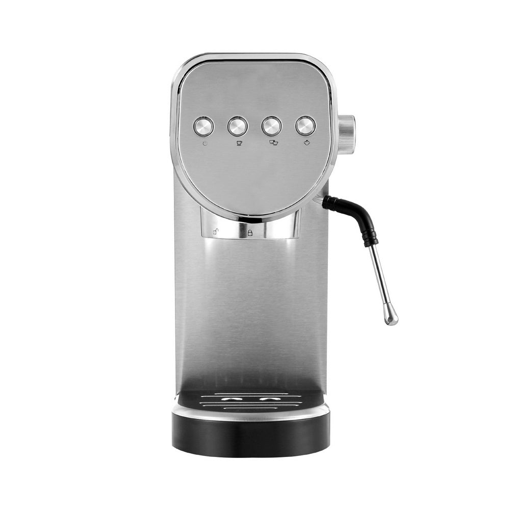 Silver espresso machine with black base on a white background