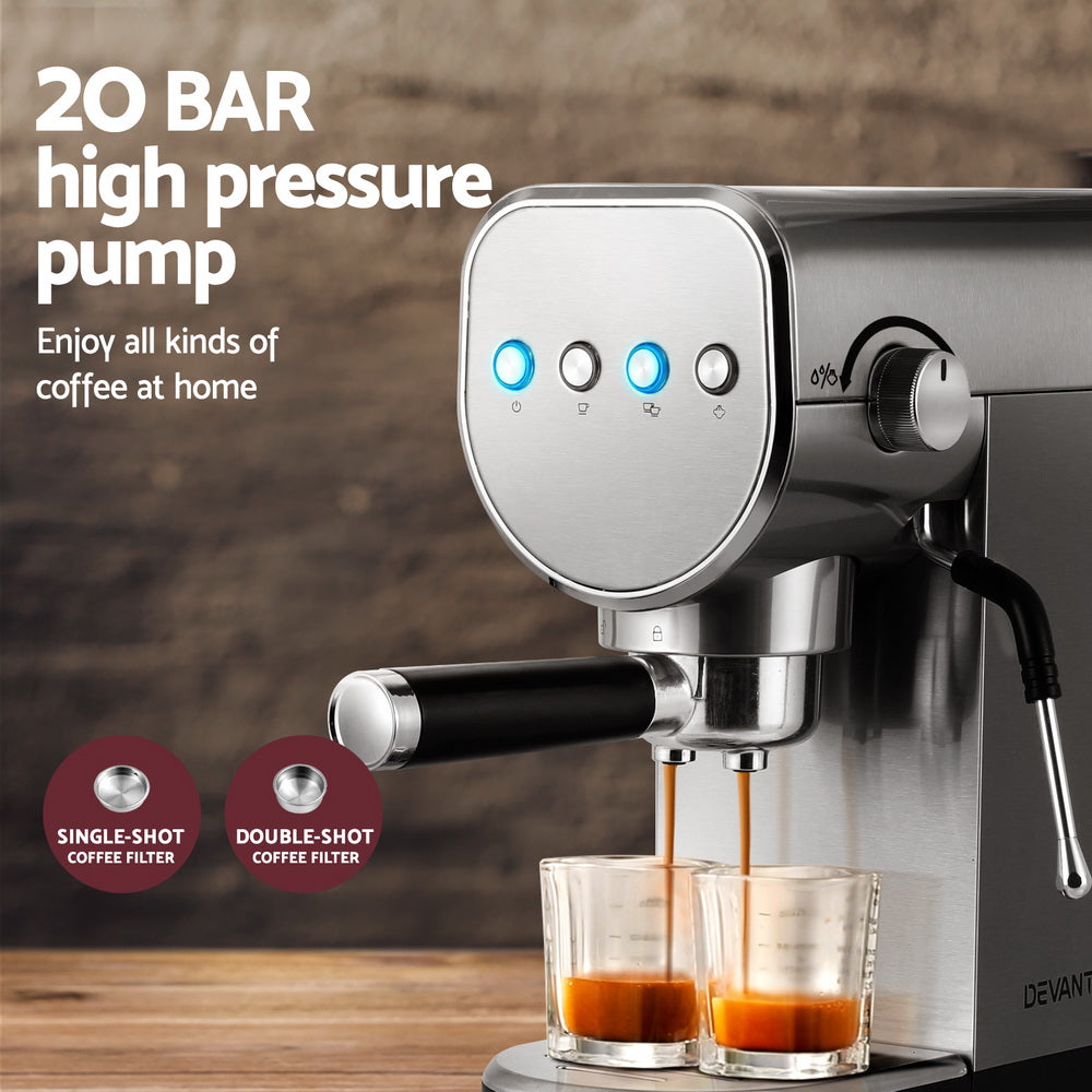 Espresso machine with 20 bar high pressure pump, featuring single-shot and double-shot coffee filters.
