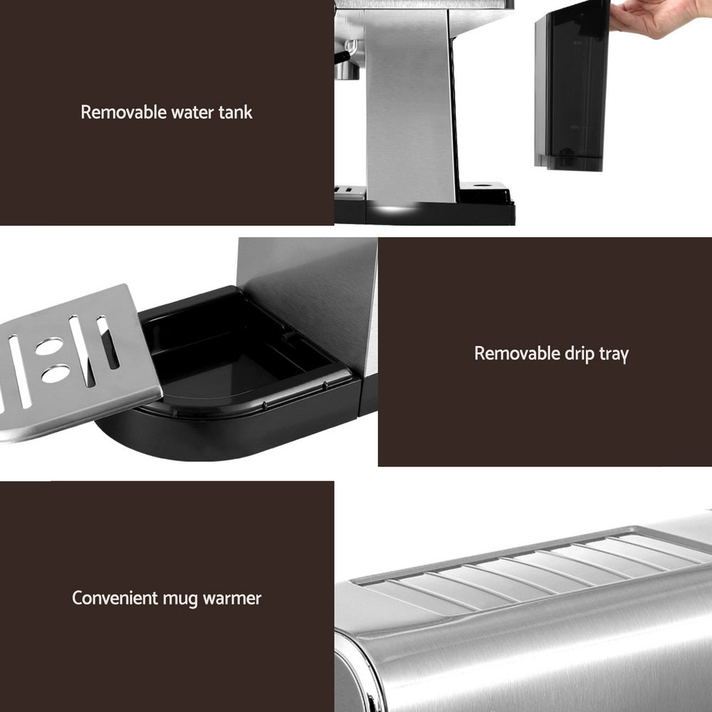Collage of a coffee machine with features highlighted, including a removable water tank, drip tray, and mug warmer.