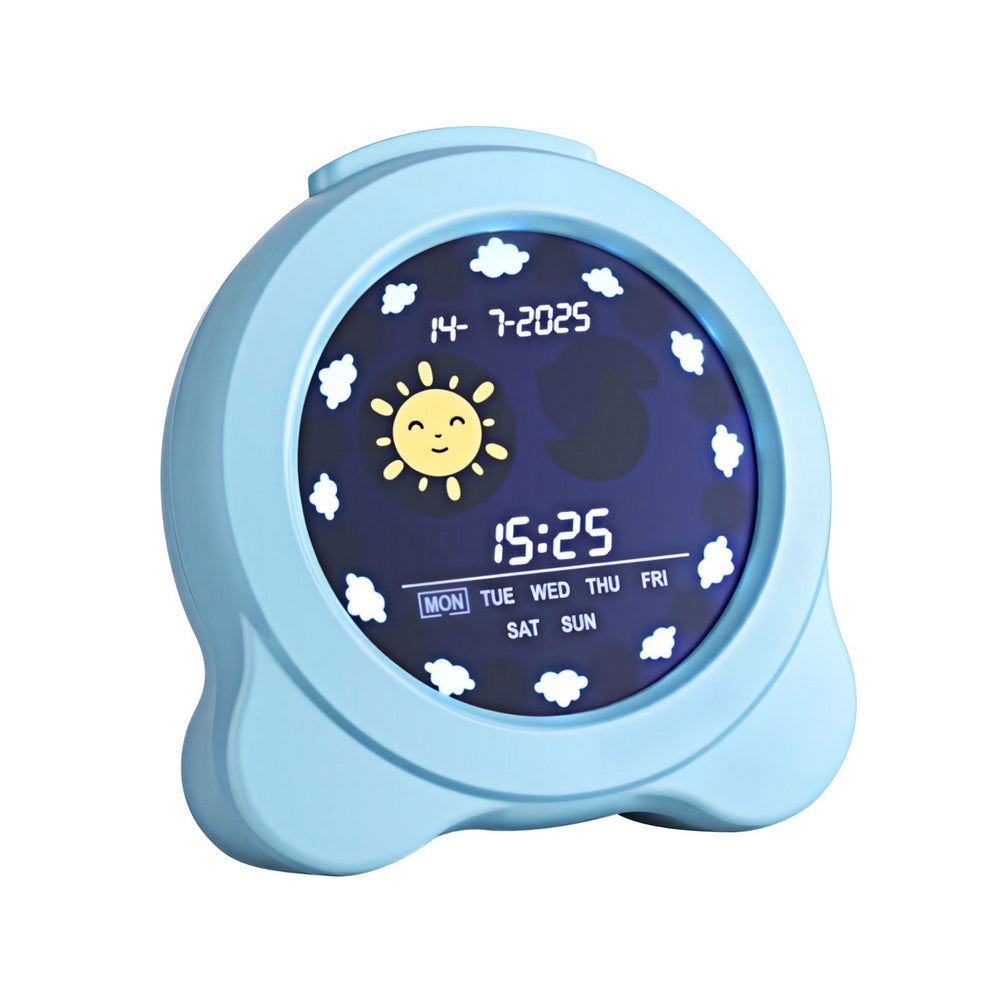 Children's digital clock with a blue casing, sun, clouds, and digital display on a white background.