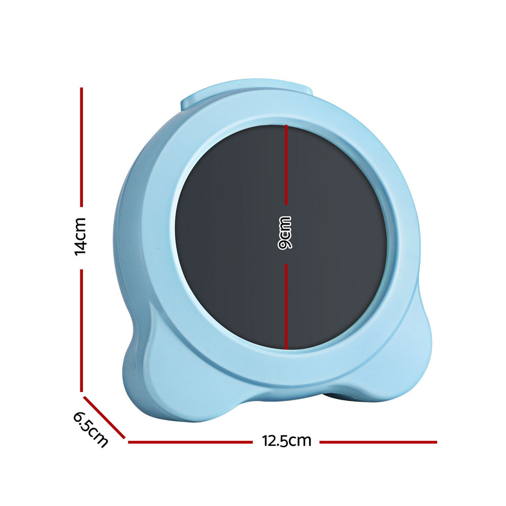 Blue circular product with dimensions labeled on a white background