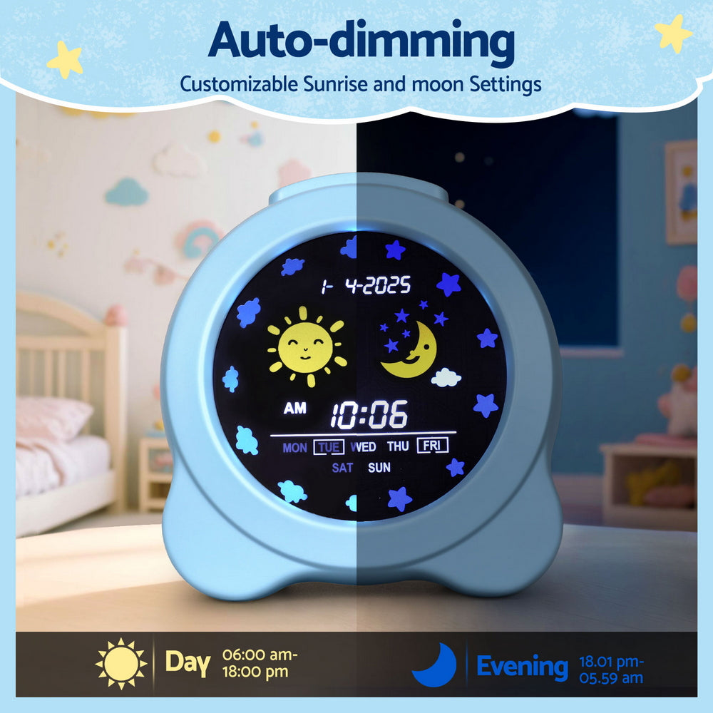 Children's night light with digital display in a bedroom setting, featuring auto-dimming and customizable sunrise and moon settings.