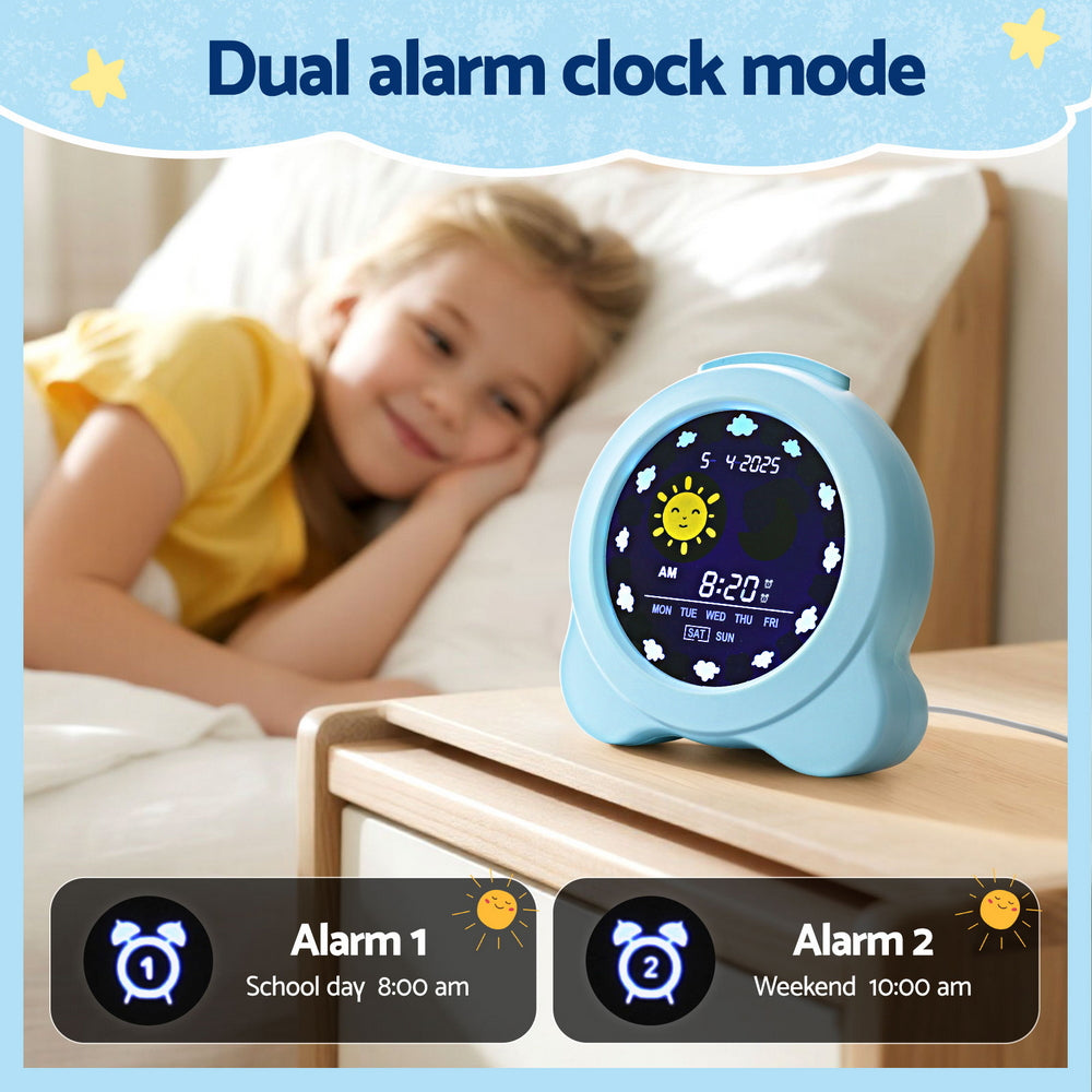 Children's alarm clock with dual alarms on a nightstand next to a child in bed.