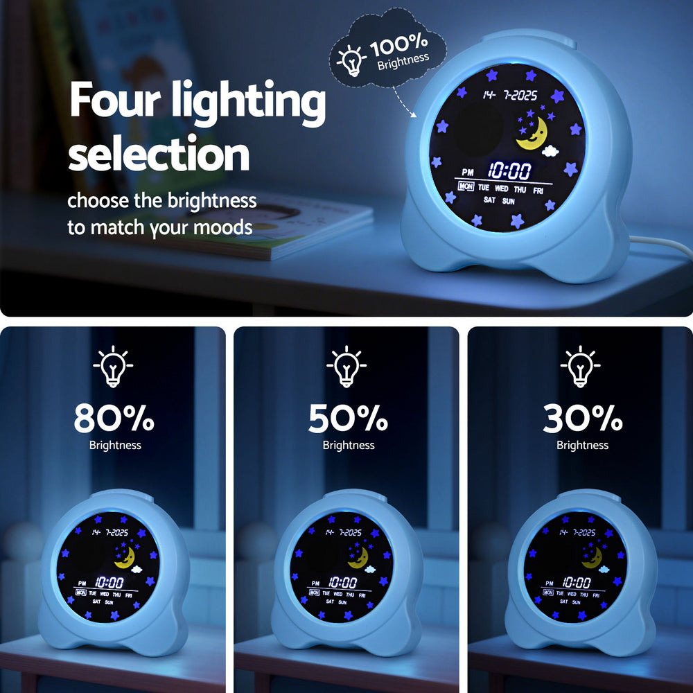Digital clock with adjustable brightness display on a shelf.