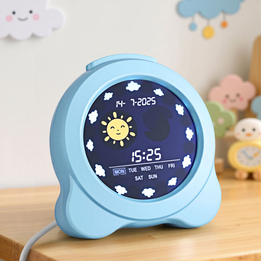 Children's blue alarm clock with digital display on a wooden surface