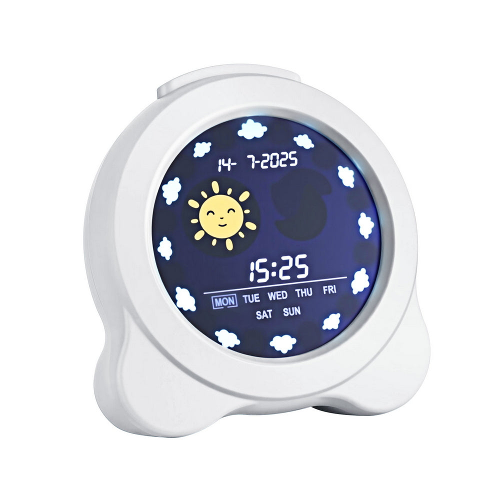 Digital clock with a blue display showing time and date, on a white background