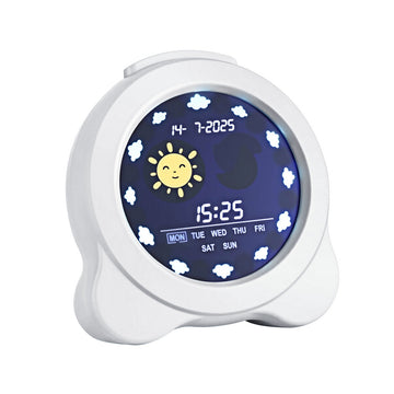Digital clock with a blue display showing time and date, on a white background