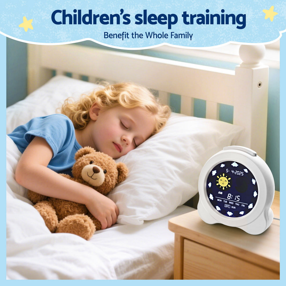 Child sleeping in bed with a teddy bear next to a digital clock, with text about children's sleep training.
