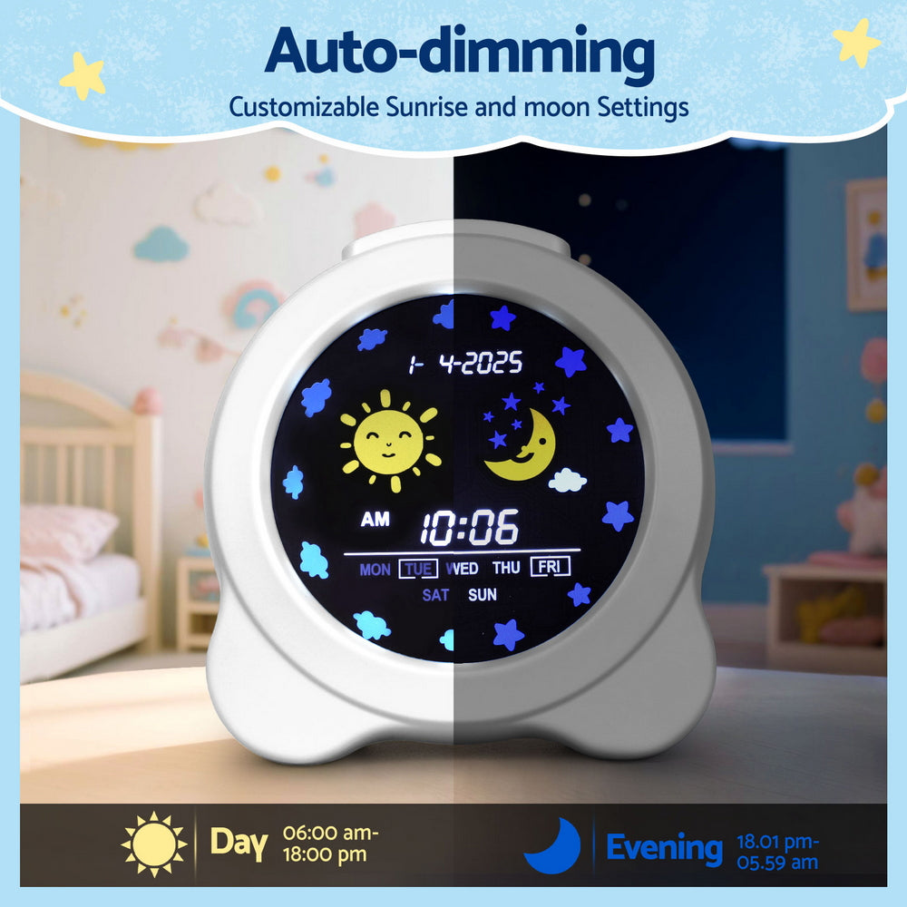 Children's digital clock with auto-dimming feature in a bedroom setting
