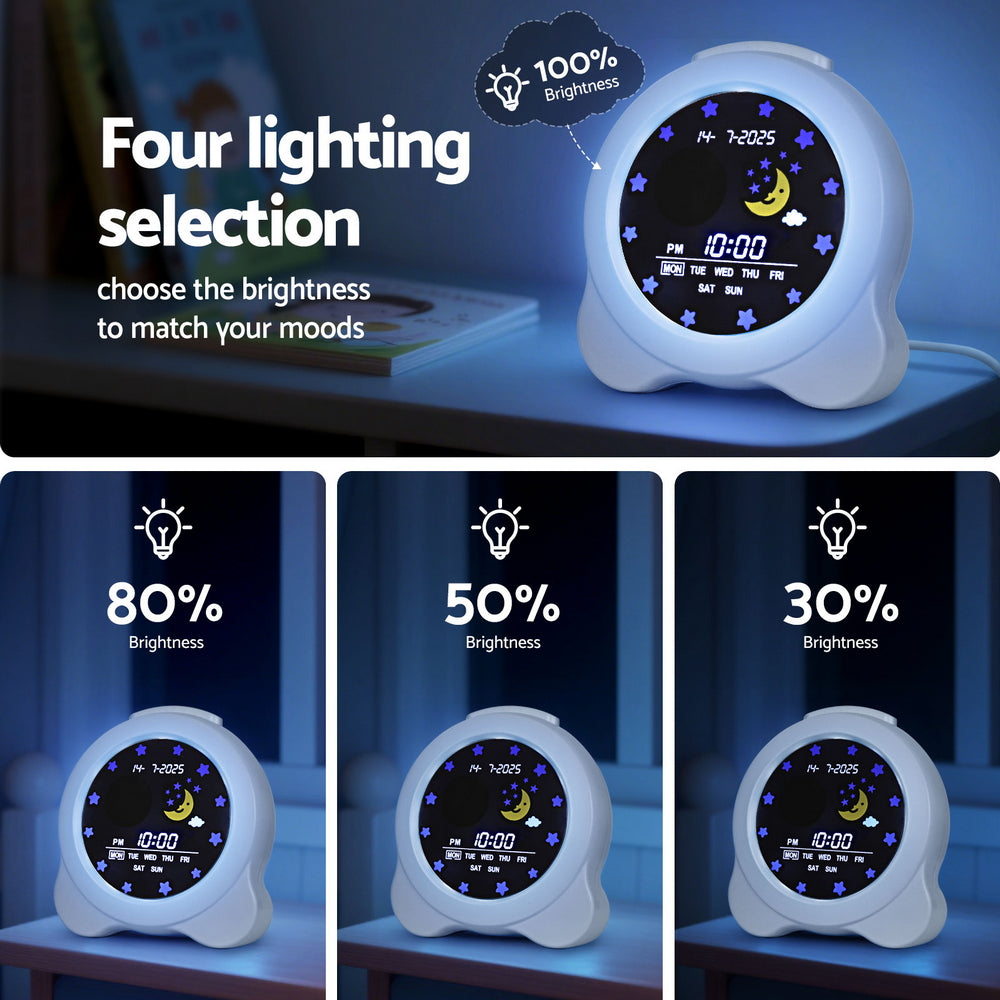 Digital clock with adjustable brightness settings on a blue background