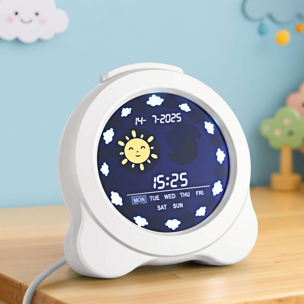 Digital clock with weather display on a wooden surface