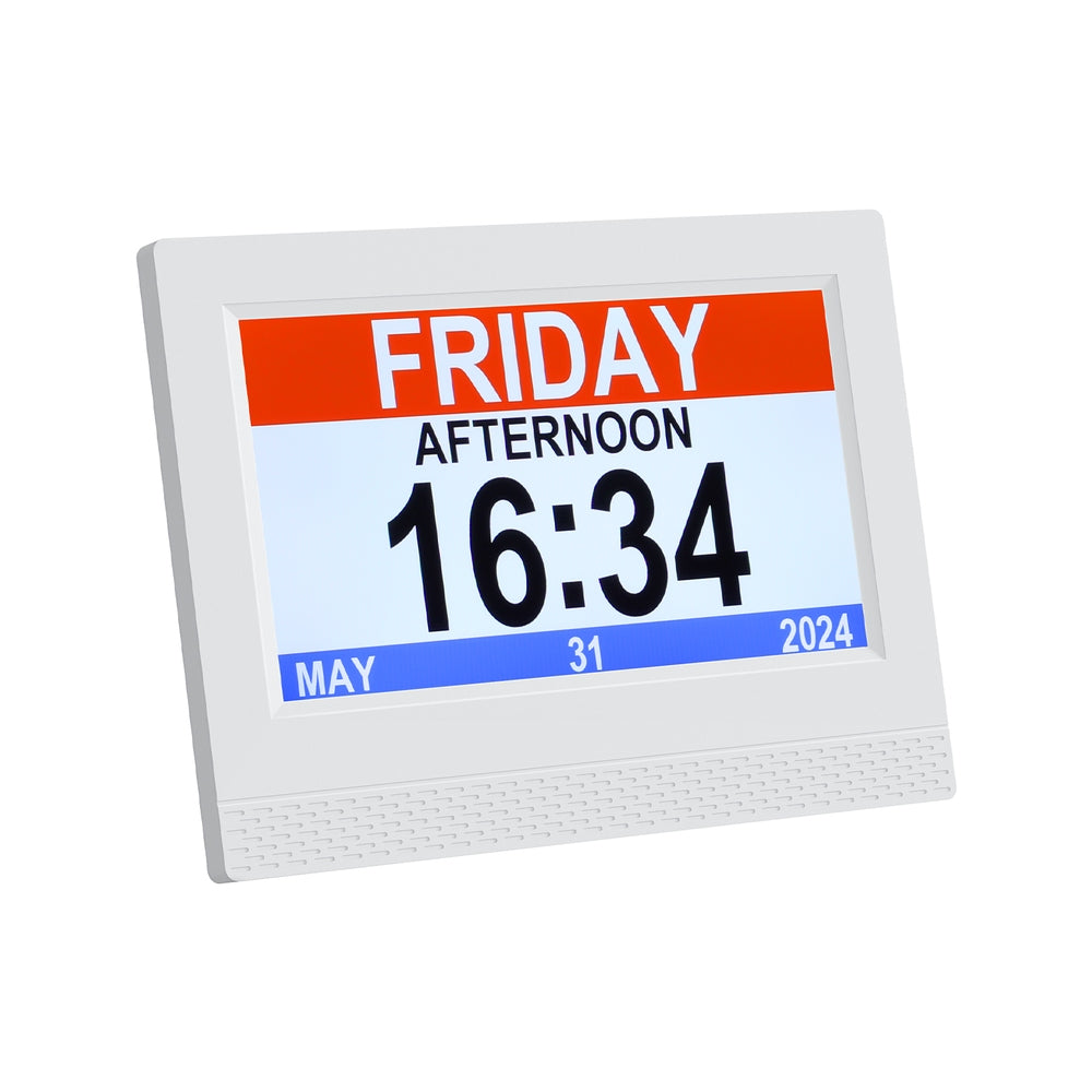 Digital clock displaying 'FRIDAY AFTERNOON 16:34' on a white background