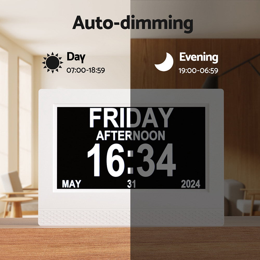 Digital clock displaying time and date with auto-dimming feature shown in day and evening lighting.