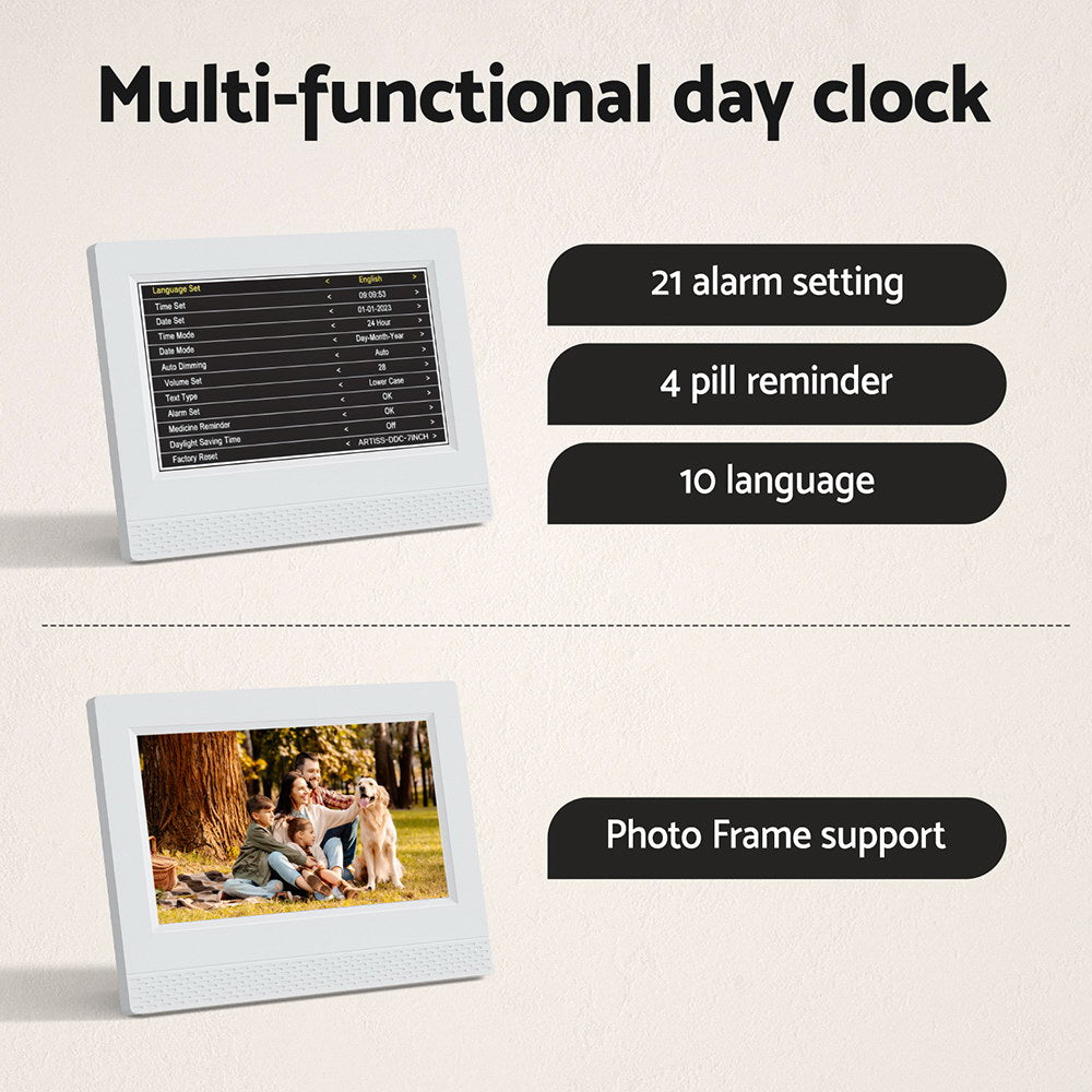 Multi-functional day clock with photo frame support on a beige background