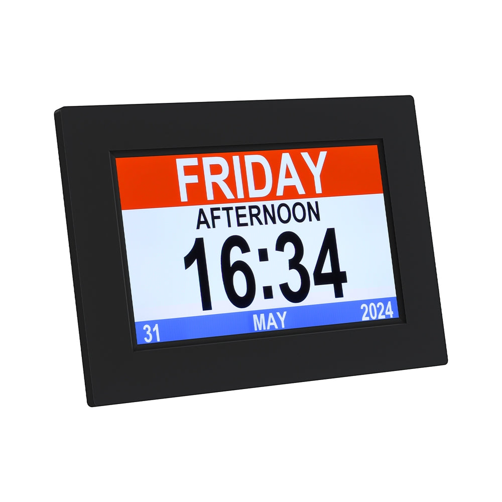 Digital display showing 'FRIDAY AFTERNOON' with time and date on a white background