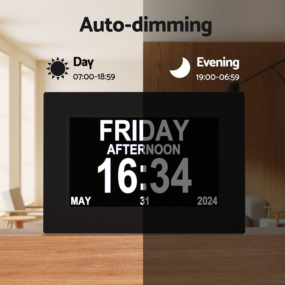 Digital clock displaying time and date with auto-dimming feature in a room setting.