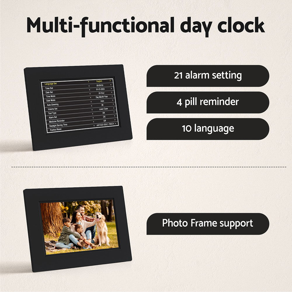 Multi-functional day clock with alarm and pill reminder features on a beige background