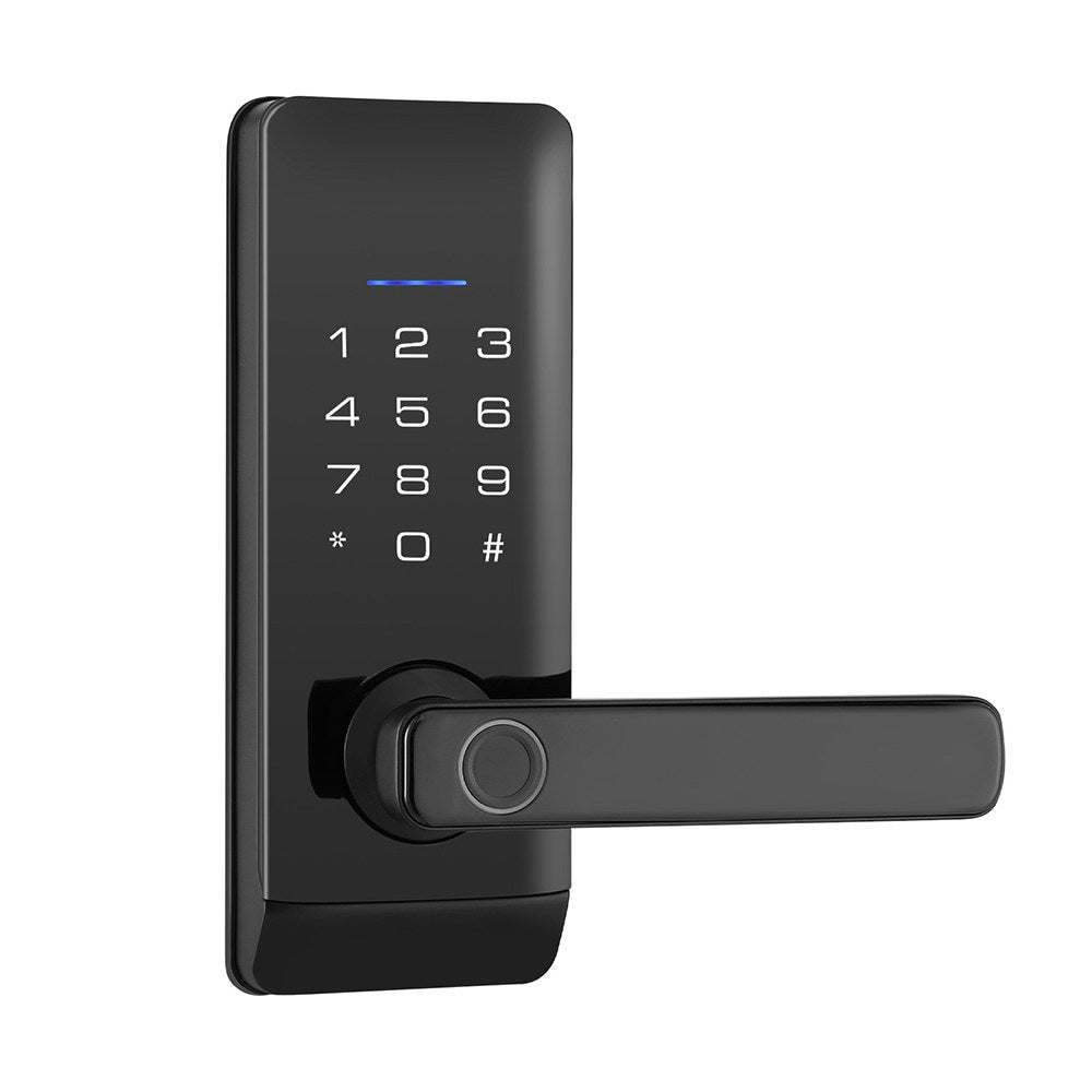 Black digital door lock with keypad on a white background