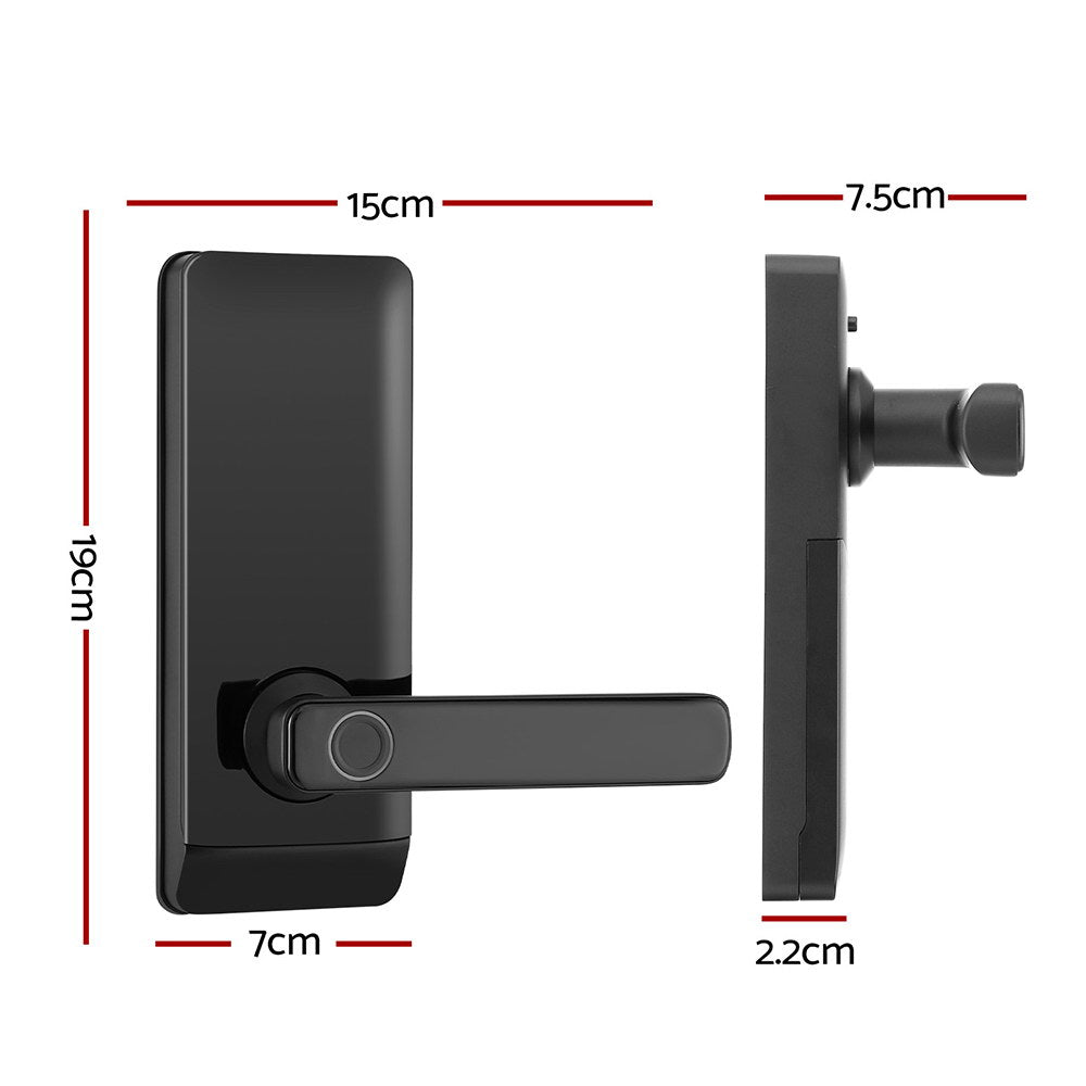 Black door handle with measurements on a white background