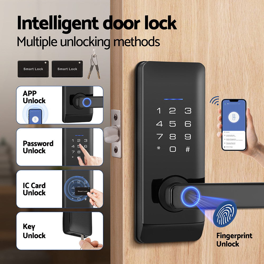 Intelligent door lock with multiple unlocking methods on a wooden door.