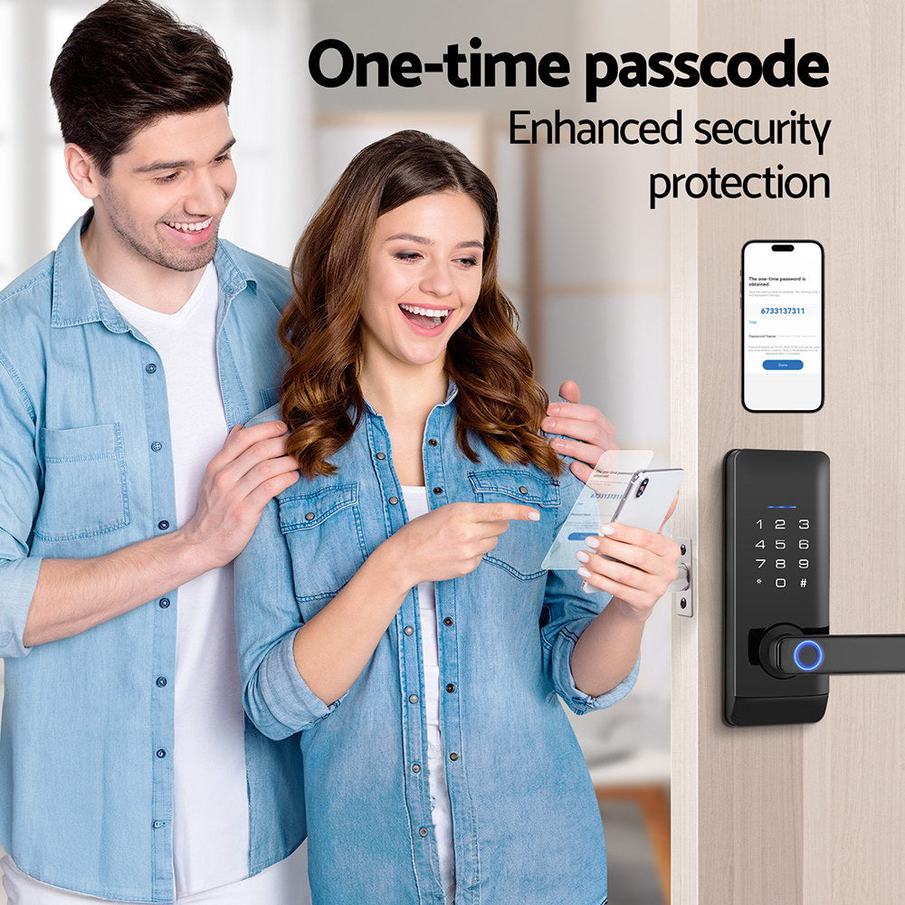 Couple using a smartphone with a digital lock and text about one-time passcode security.