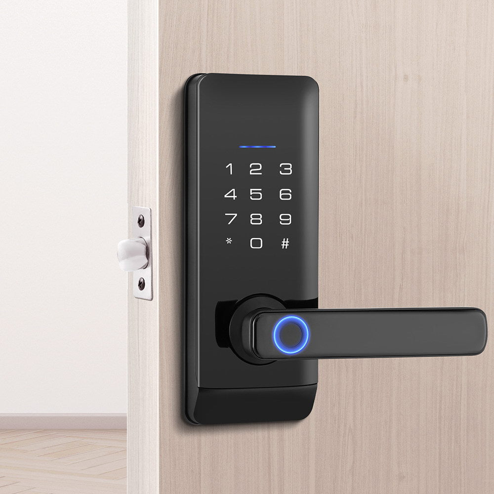 Digital door lock with keypad on a wooden door
