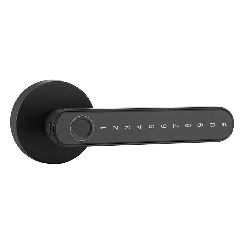 Black digital door handle with numeric keypad on a white background