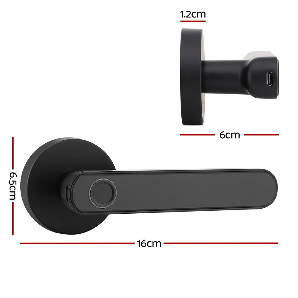 Black door handle with measurements on a white background