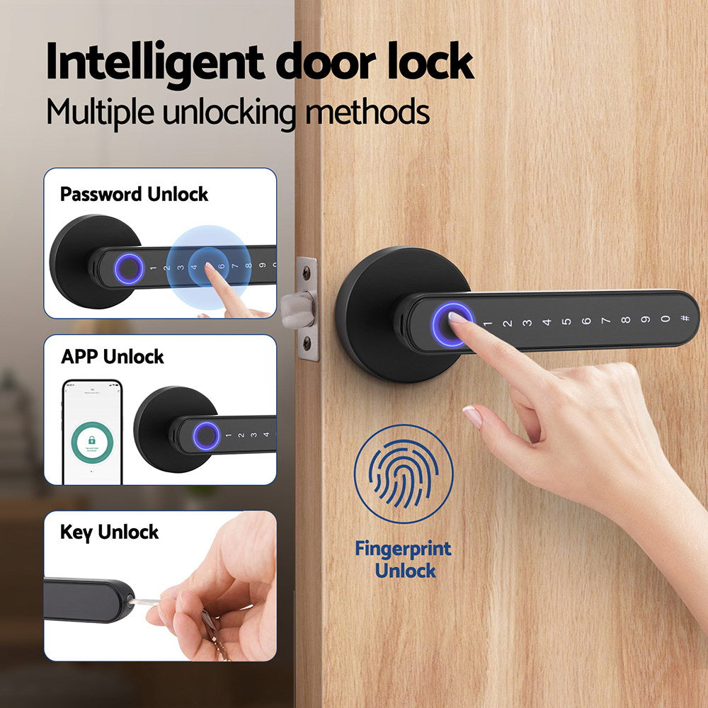 Intelligent door lock with multiple unlocking methods on a wooden door.