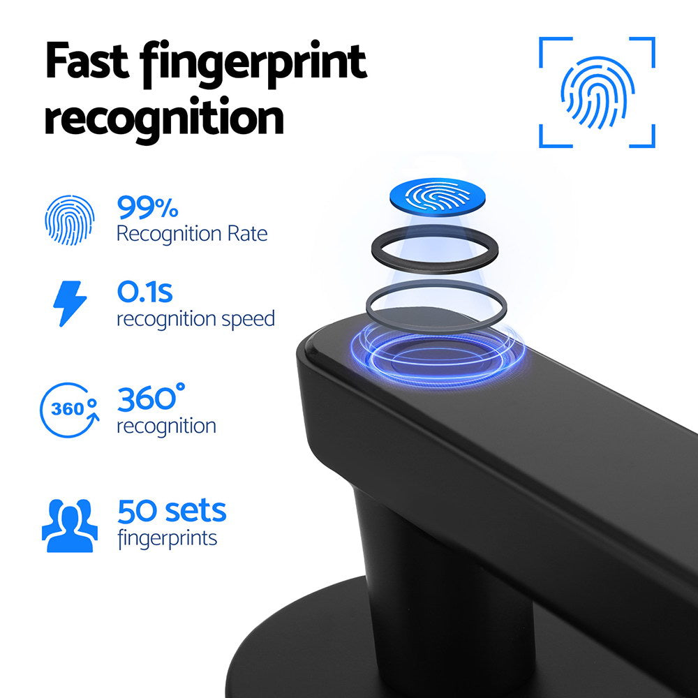 Fingerprint recognition technology with 99% recognition rate, 0.1s speed, 360° recognition, and 50 sets of fingerprints on a white background.