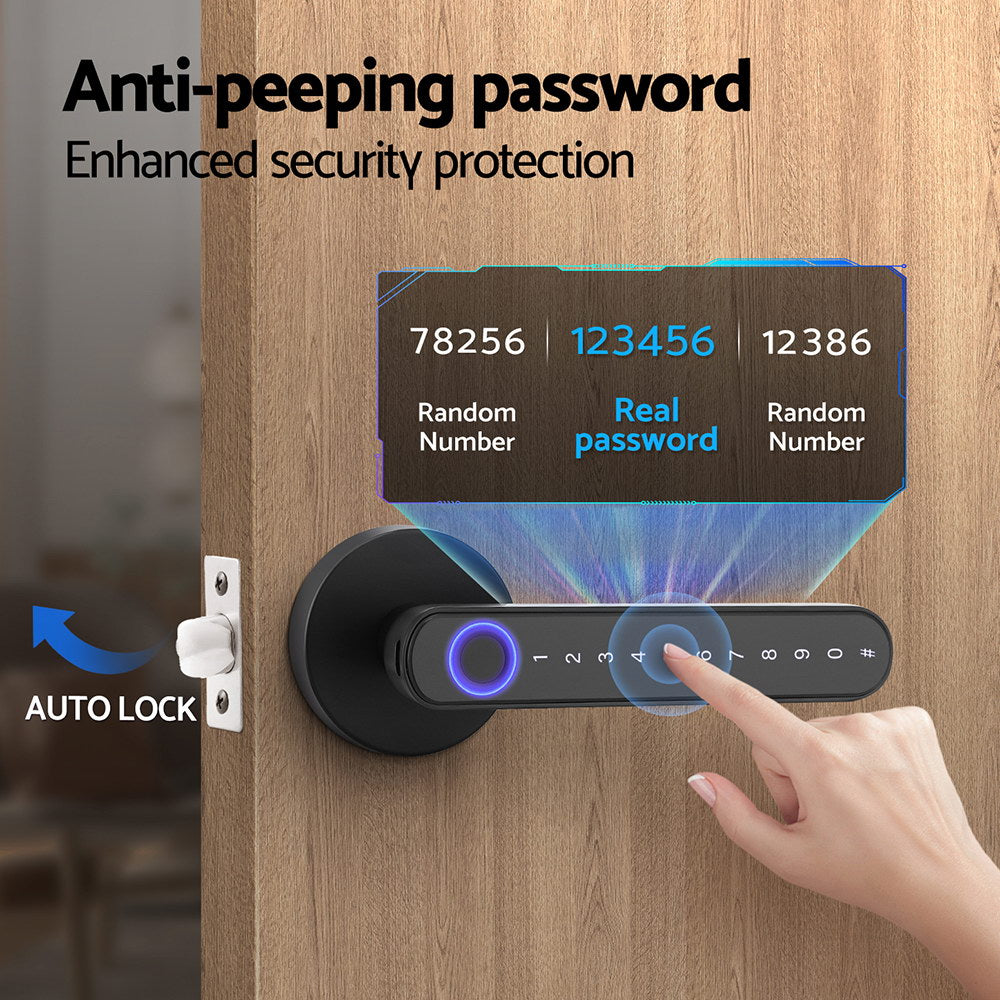 Smart door lock with digital display showing anti-peeping password feature on a wooden door.
