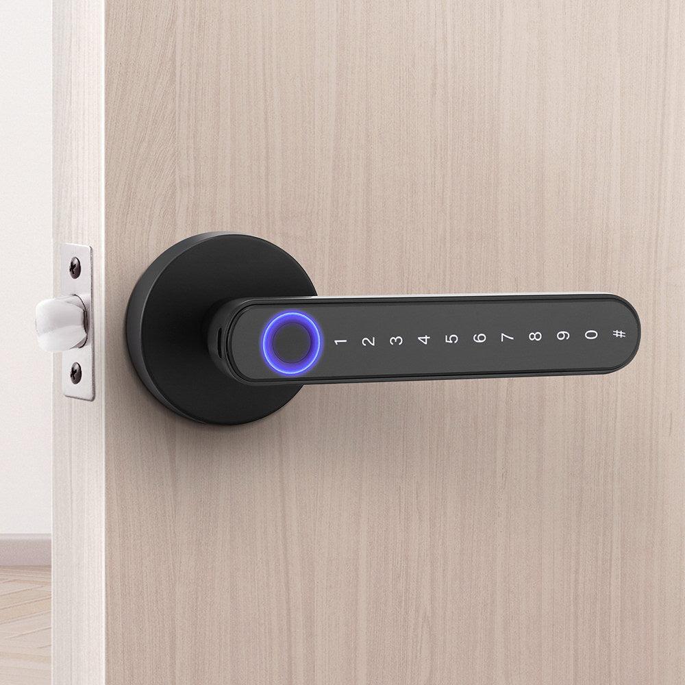 Digital door handle with keypad on a wooden door