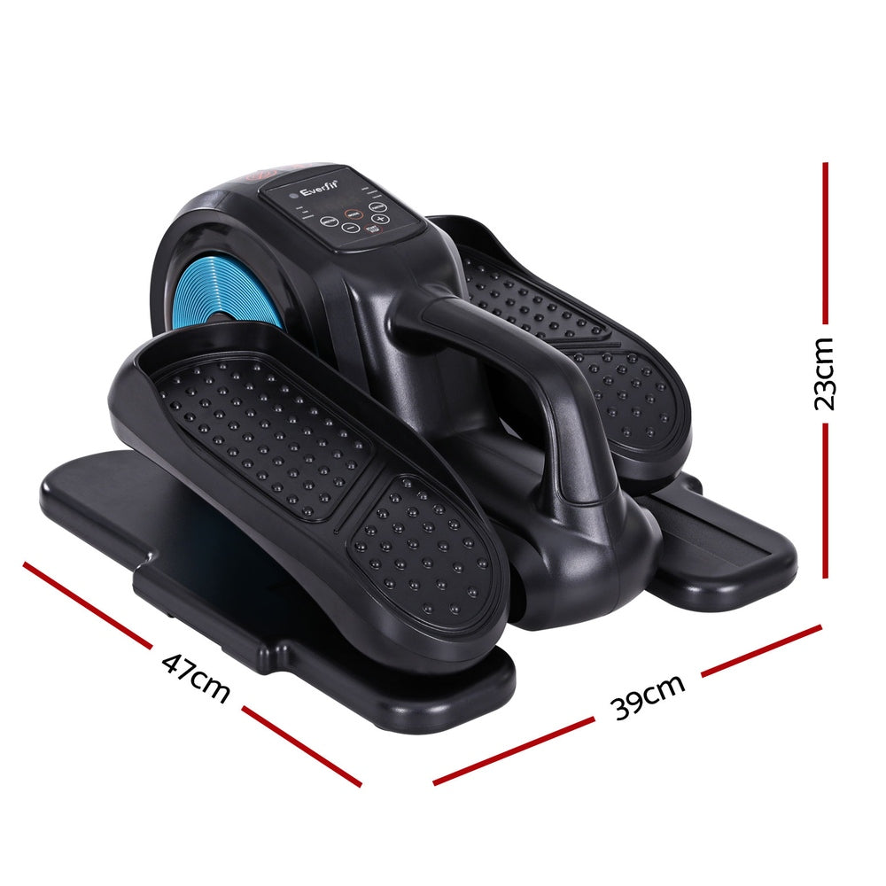Black step machine with digital display and measurement dimensions on a white background