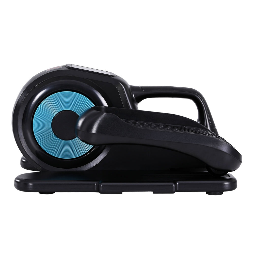 Black exercise wheel with blue center on a white background